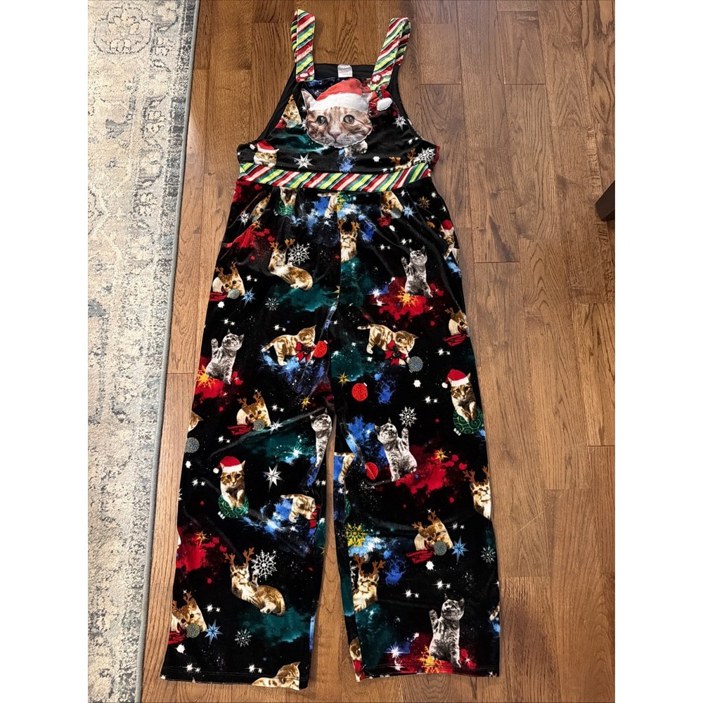 No Boundaries Overalls Velour S Black Christmas Cat Festive Holiday Jumpsuit